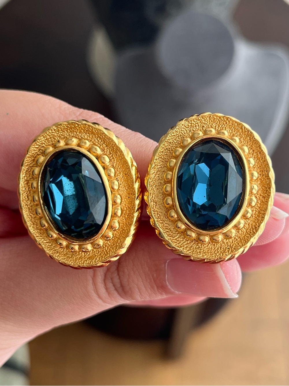 Authentic Vintage Dior Poster Piece Oval Blue Rhinestone Dotted Clip-On Earrings